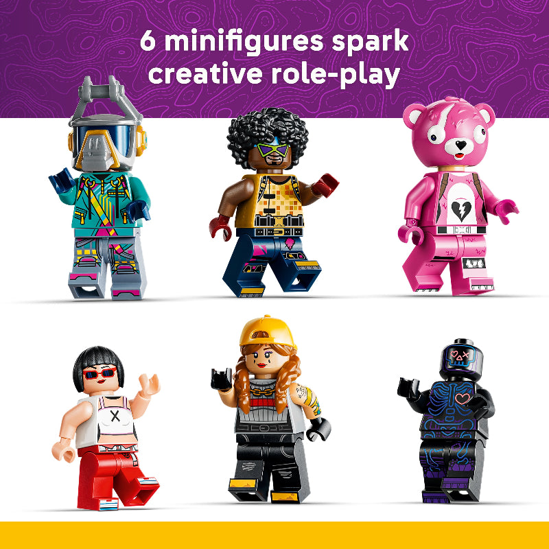 Set of six colorful LEGO minifigures on a purple and yellow background with text about creative role-play.