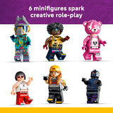 Set of six colorful LEGO minifigures on a purple and yellow background with text about creative role-play.