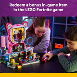 Two children playing with a LEGO set, with text about redeeming a bonus in-game item in the LEGO Fortnite game.