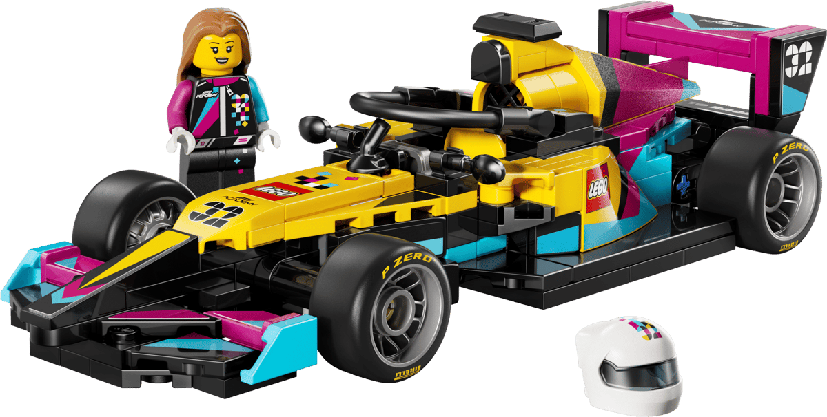 Toy race car set with a LEGO figure and helmet on a transparent background