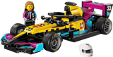 Toy race car set with a LEGO figure and helmet on a transparent background