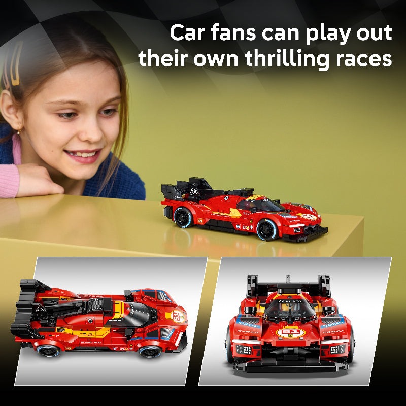Red toy race car on a table with a child looking at it, and text about thrilling races.