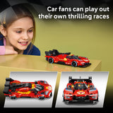 Red toy race car on a table with a child looking at it, and text about thrilling races.
