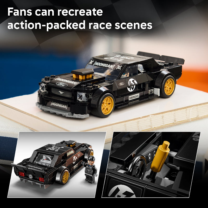 Black race car model with yellow wheels on a display stand, surrounded by smaller images showing different parts of the car.