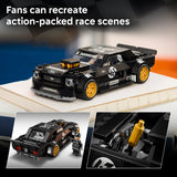 Black race car model with yellow wheels on a display stand, surrounded by smaller images showing different parts of the car.