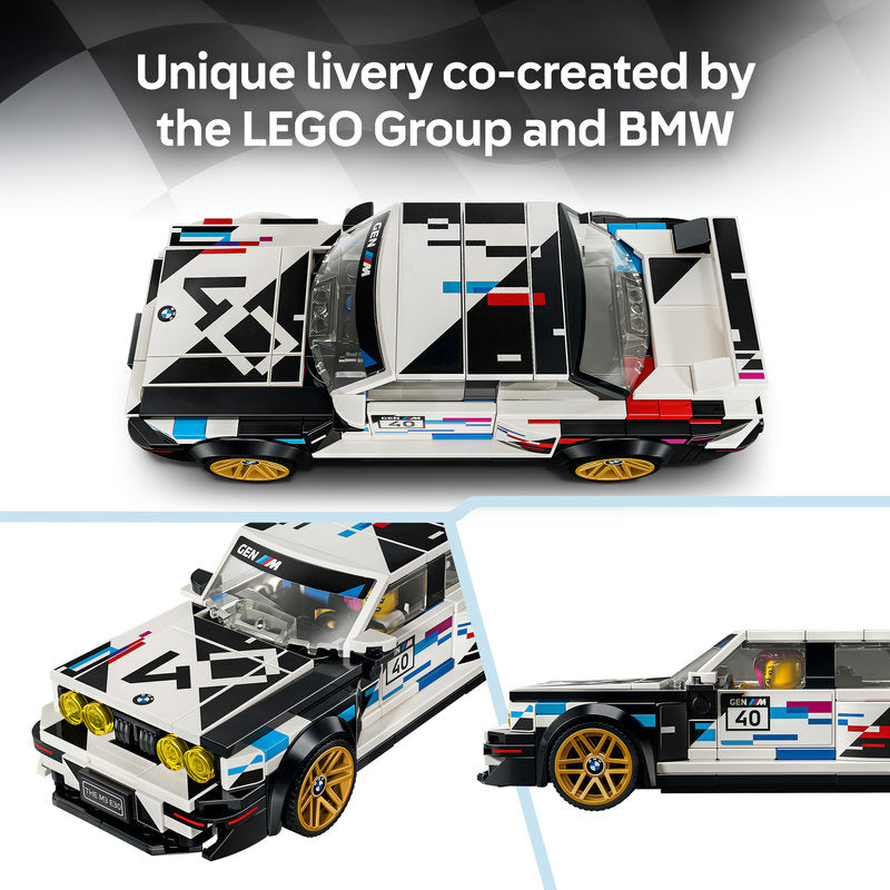 LEGO Group and BMW co-created livery race car building blocks set, shown from multiple angles: top-down, front-three-quarter, and side-profile views. The set features a white, black, blue, and red race car with gold wheels and a yellow driver figure, with text at the top reading 'Unique livery co-created by the LEGO Group and BMW'.