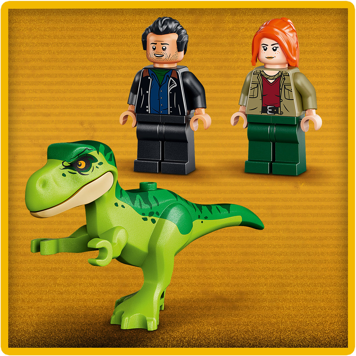 Two LEGO figures and a green dinosaur on a brown background