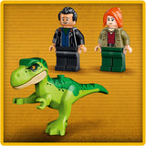 Two LEGO figures and a green dinosaur on a brown background