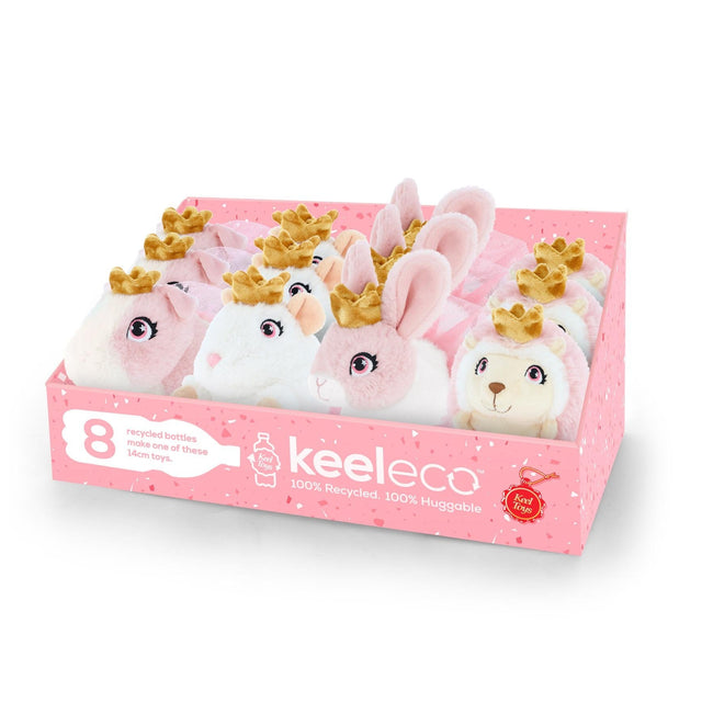 Box of keeleco plush toys with pink packaging on a white background