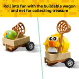 Toy character with a buildable wagon and net on a yellow and white background