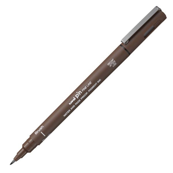 A brown Uni Pin Pro Line fine line marker pen with a silver cap, shown diagonally on a plain white background.