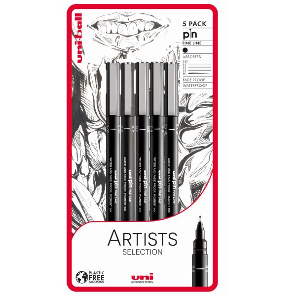 Uni Pin Fine Line Artist Pens - Black (5 Pack)