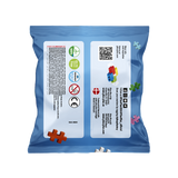 Blue package with a white label featuring various symbols and text on a white background