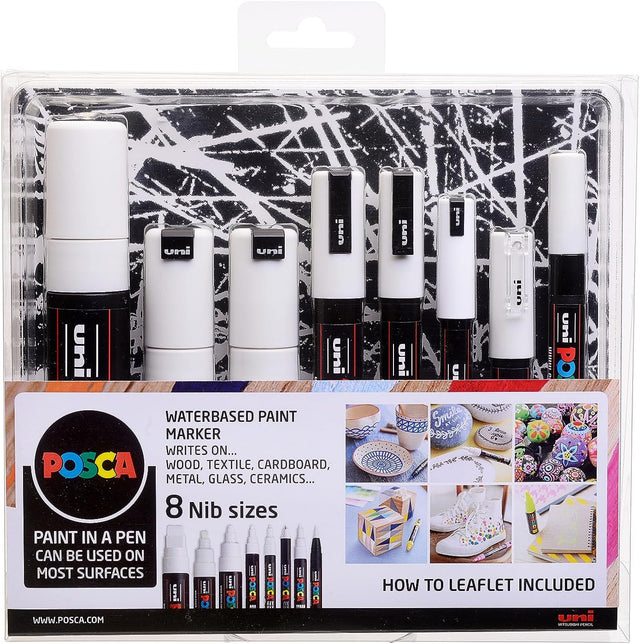 POSCA 8 Set of White in Assorted Nib Sizes