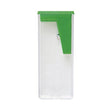 A clear plastic rectangular container with a bright green L-shaped accent on the top right, shown against a plain white background.