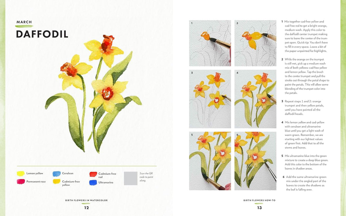 Step-by-step guide on how to paint daffodils using watercolors, with color swatches and illustrations.