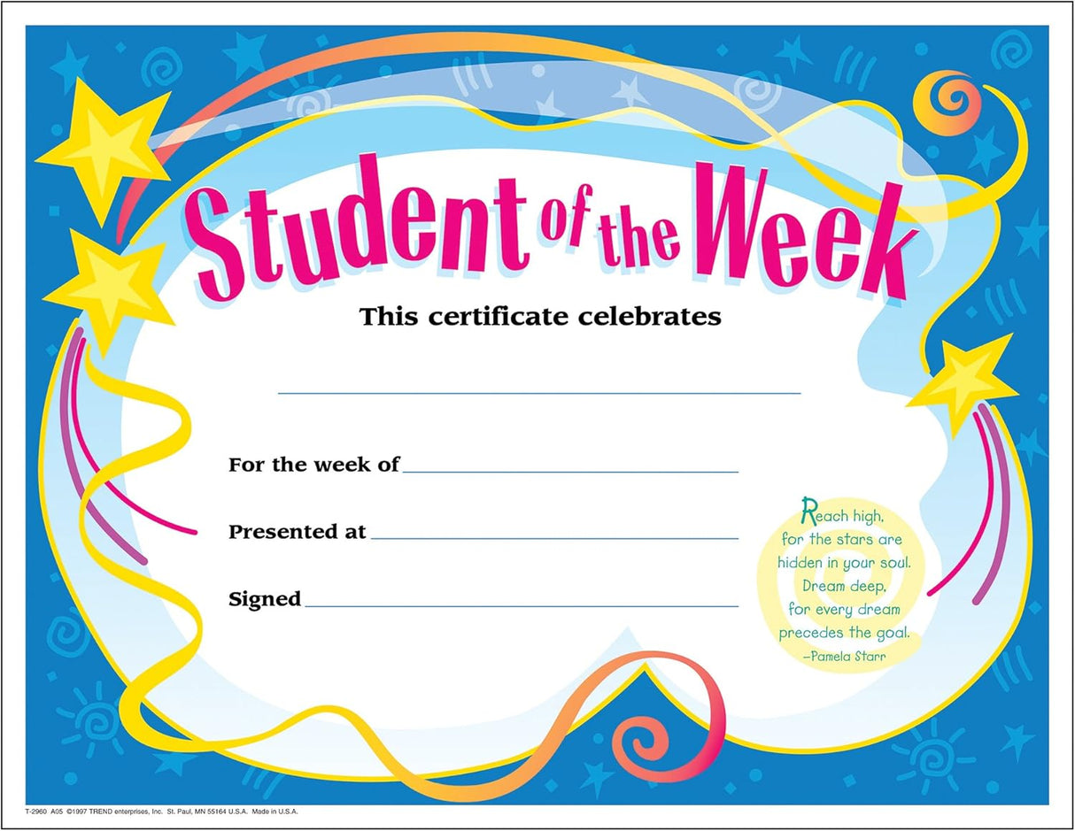 Trend Enterprises Student of the Week Colorful Certificates (30 Pack)