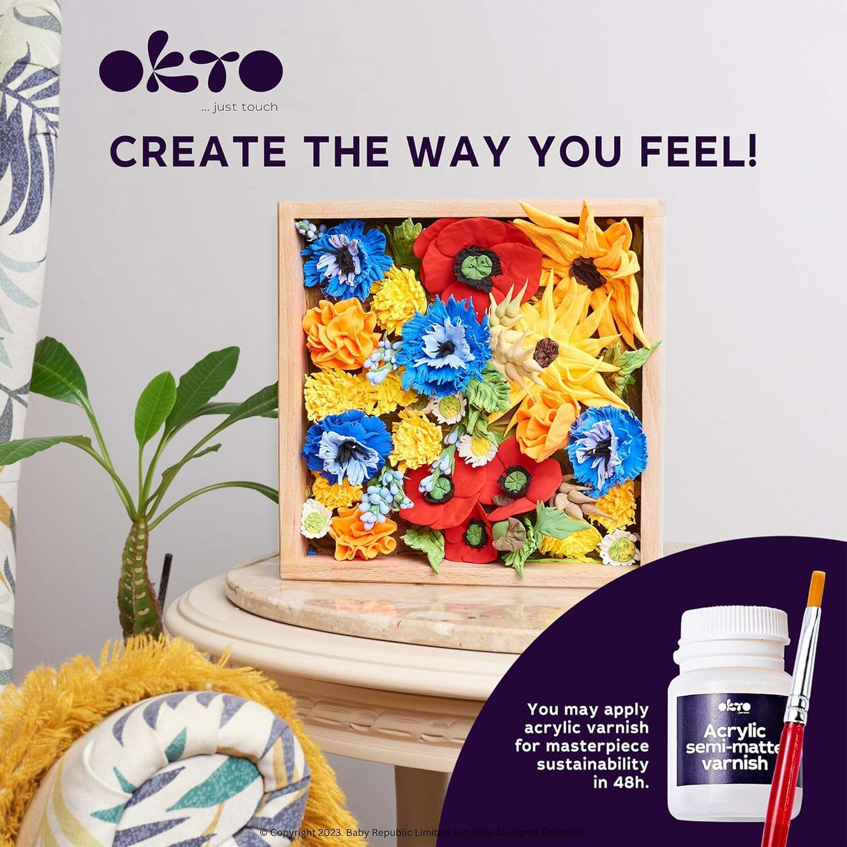 Colorful floral arrangement in a wooden frame with Okto branding and product display.