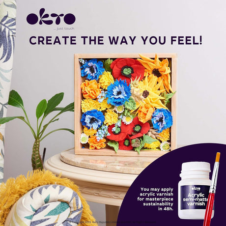 Colorful floral arrangement in a wooden frame with Okto branding and product display.