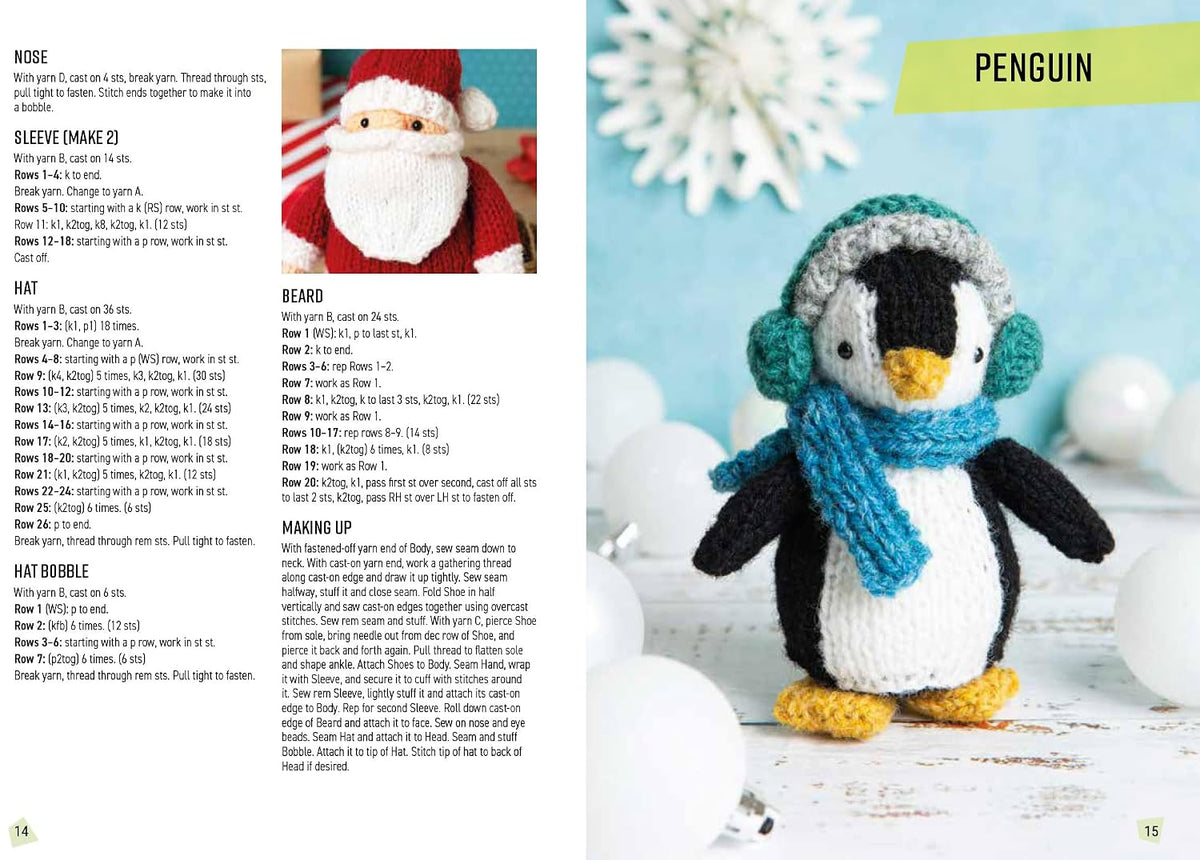 A printed knitting pattern page from a book showing the 'Penguin' sock pattern, with text instructions, a small black-and-white sock, and a knitted yellow-and-white sock on a white background.