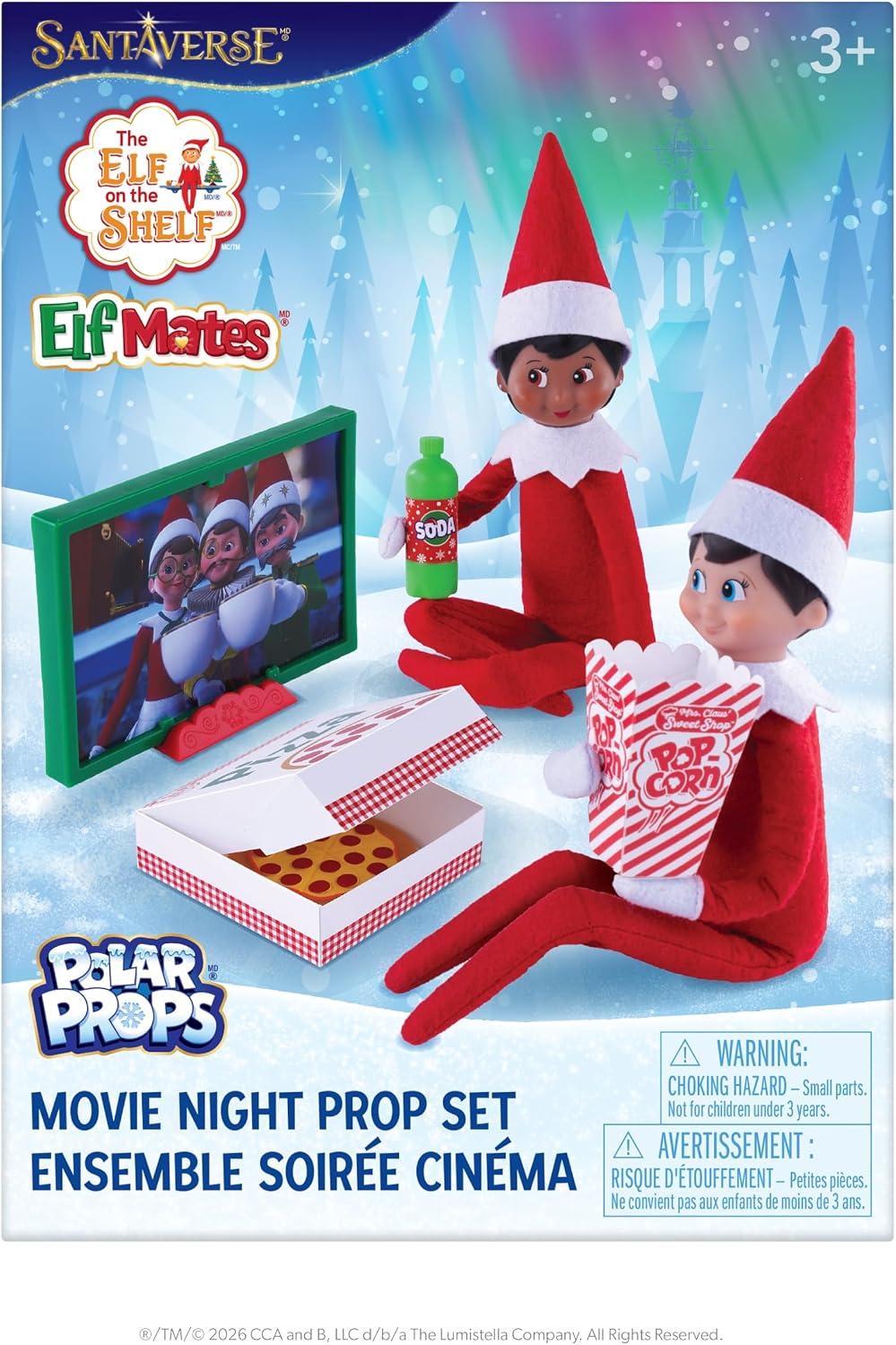 SantaVerse Elf on the Shelf x Elf Mates movie night prop set in its retail packaging, featuring red and white elf outfits, a green soda bottle, a pizza box, and a popcorn bucket.