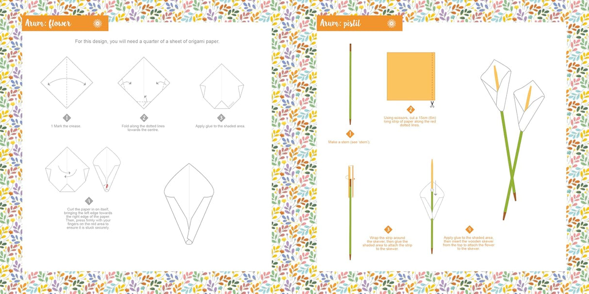 Illustrations of flowers with step-by-step instructions on a floral-patterned background