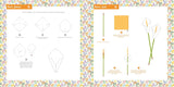 Illustrations of flowers with step-by-step instructions on a floral-patterned background