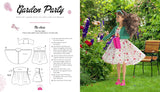 Illustration of a dress pattern on the left with a doll wearing a floral dress in a garden setting on the right.