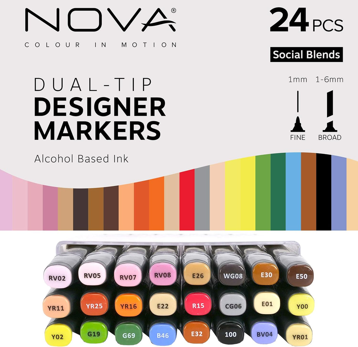 Nova Designer Dual Tip Alcohol Markers - Social Blends (24 Pack)