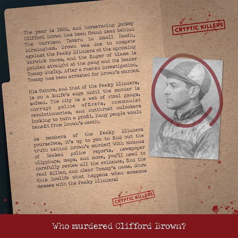 Promotional graphic for a mystery game about Clifford Brown's murder, featuring text and a portrait on a brown background.