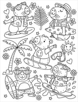 Coloring page with cartoon animals in summer outfits and accessories.