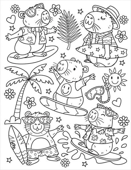 Coloring page with cartoon animals in summer outfits and accessories.