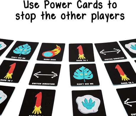 Box of 'Dino Dump' card game with dinosaur illustration on a yellow background