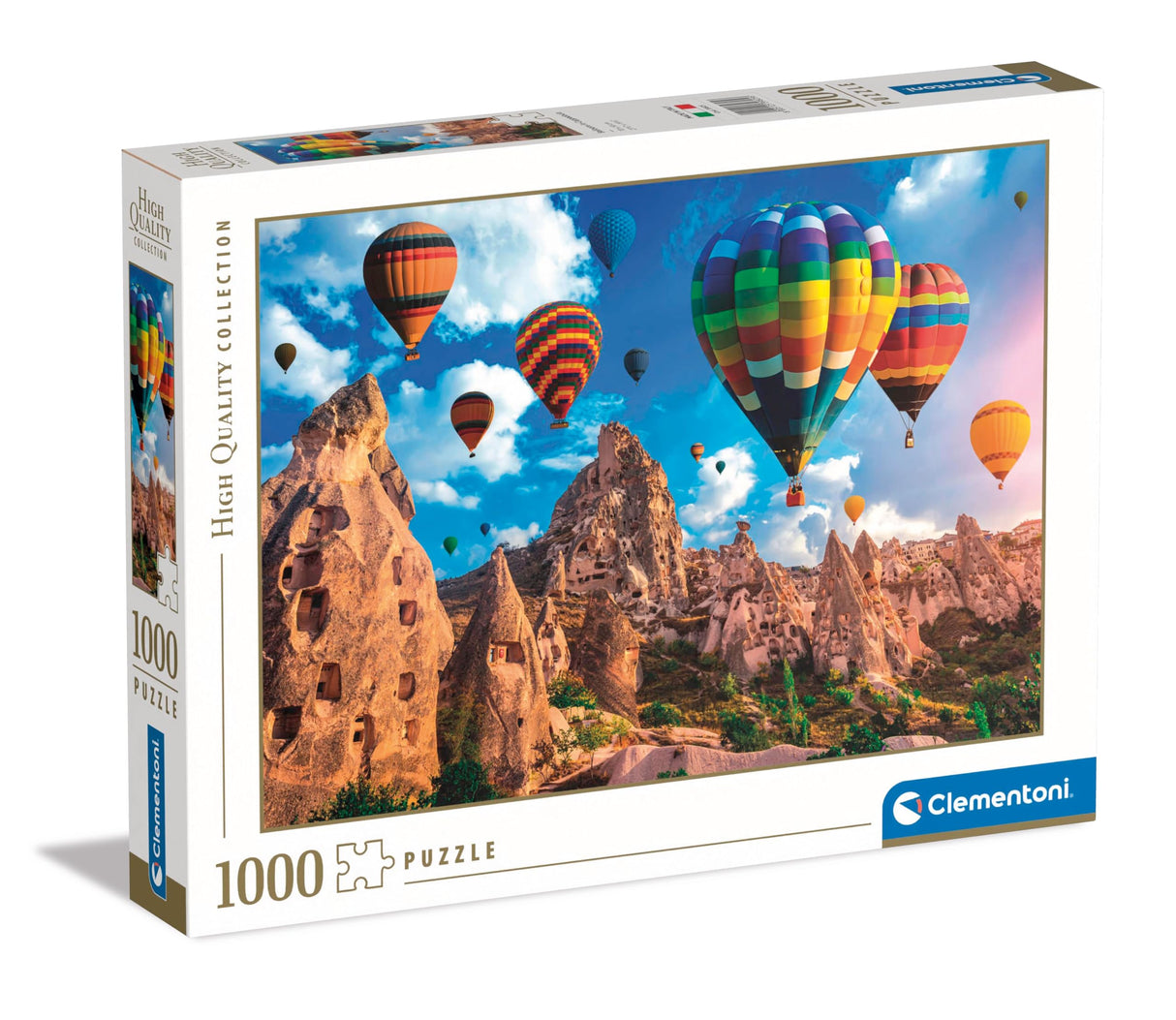 Puzzle box with colorful hot air balloons and rock formations on the cover, featuring the Clementoni brand.