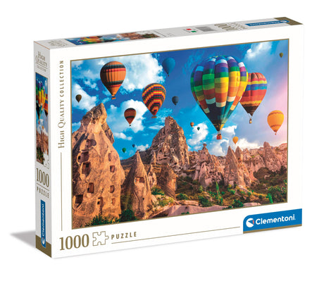 Puzzle box with colorful hot air balloons and rock formations on the cover, featuring the Clementoni brand.