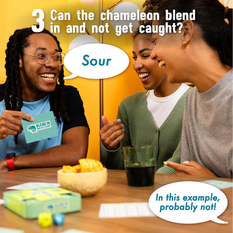 Three people playing a game with text bubbles indicating a humorous scenario.