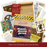 Collection of items related to a mystery game set in medieval Britain, including cards and a book titled 'Murder in Medieval Britain'.