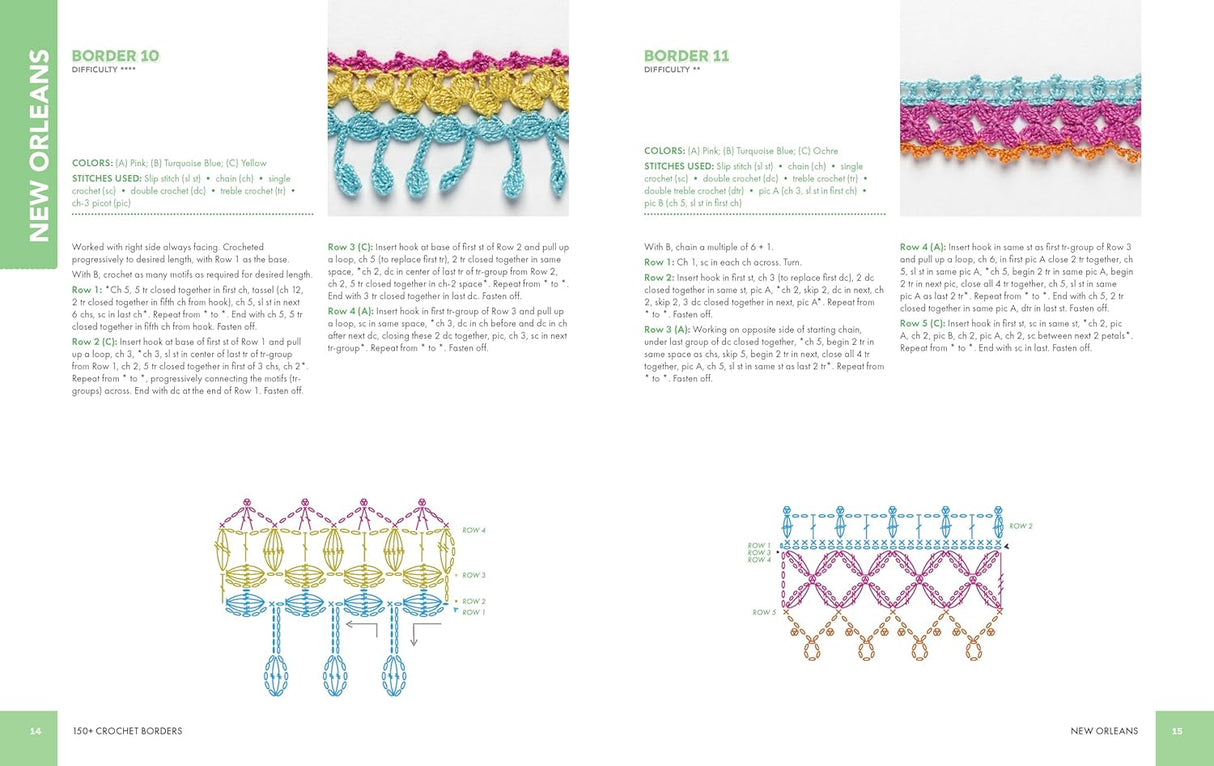 Page from a crochet pattern book showing colorful crochet borders with diagrams and text.