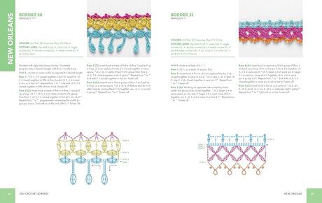 Page from a crochet pattern book showing colorful crochet borders with diagrams and text.