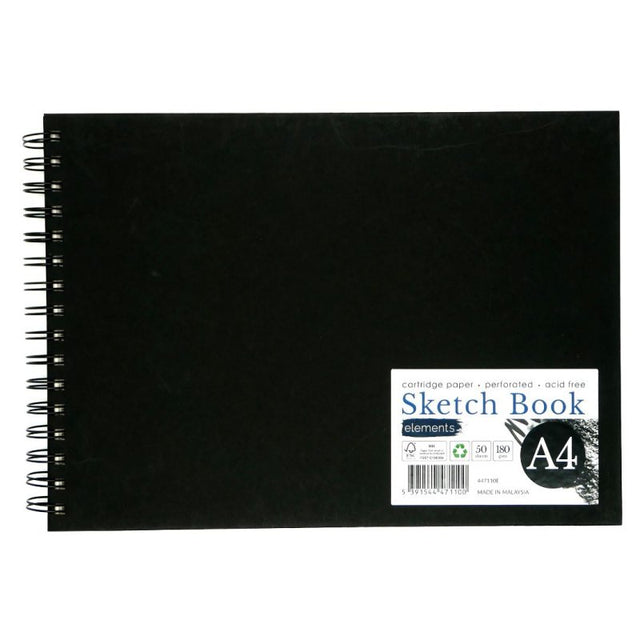 Elements Wire-O Hard Cover Sketch Book Black Landscape - A4