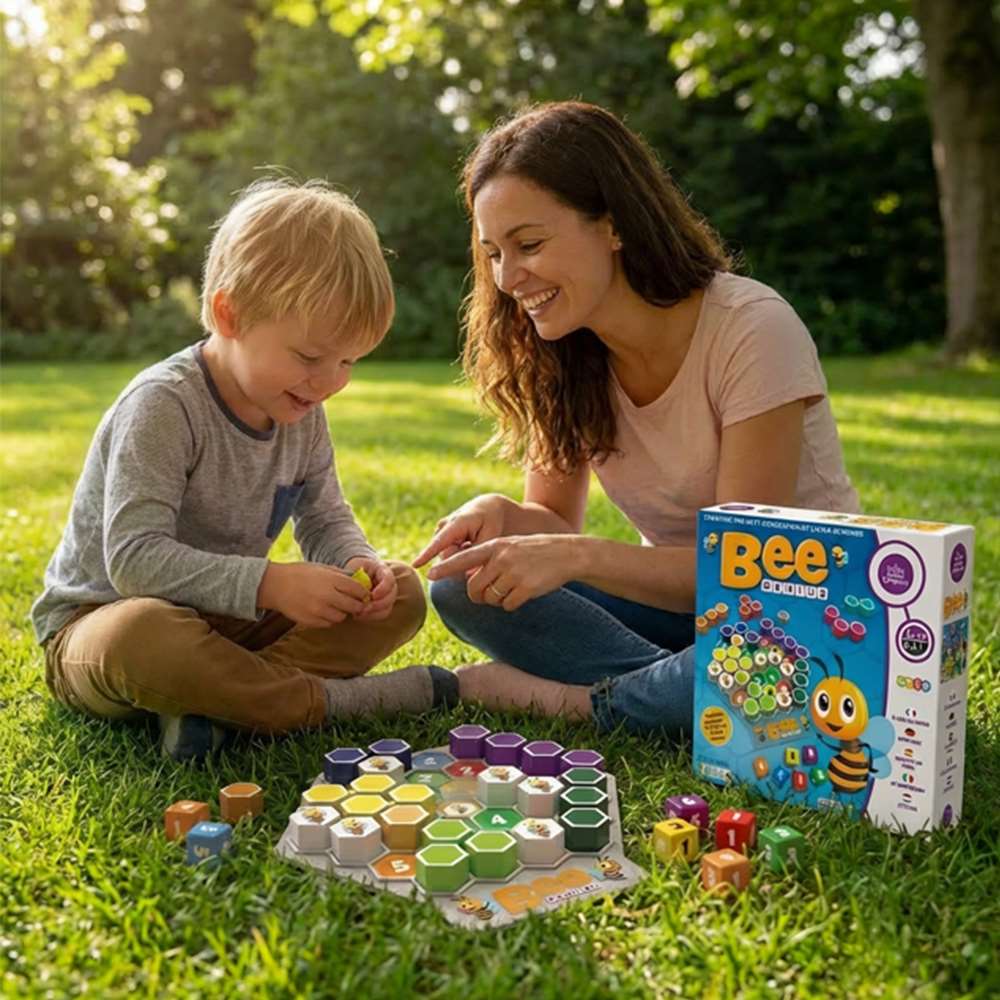 A woman and a young boy sitting on a grassy lawn outdoors, playing with a colorful bee-themed board game. The product box labeled 'Bee' is standing next to them on the grass.