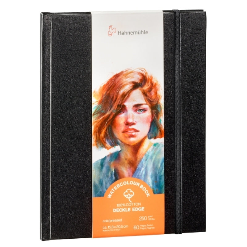 Hahnemühle Watercolour Book deckle-edge paper sketchbook with a black cloth cover and a central paper label featuring a watercolor portrait of a woman.