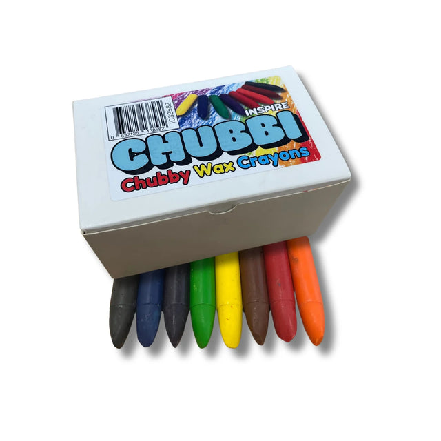 Box of Chubbi chubby wax crayons with colorful crayons displayed in front on a white background
