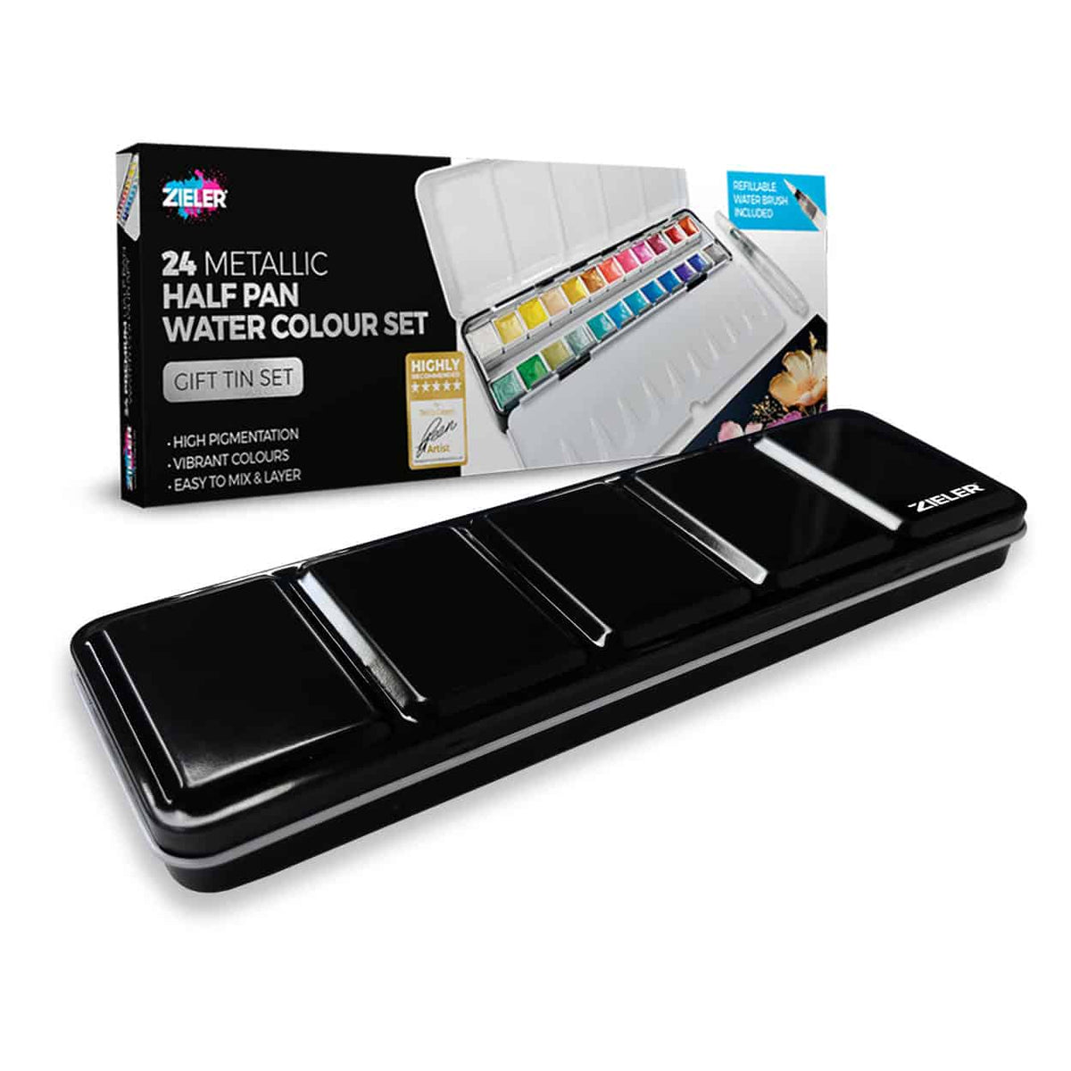 Zieler Metallic Half Pan Watercolour Paint Metal Tin (Set of 24)