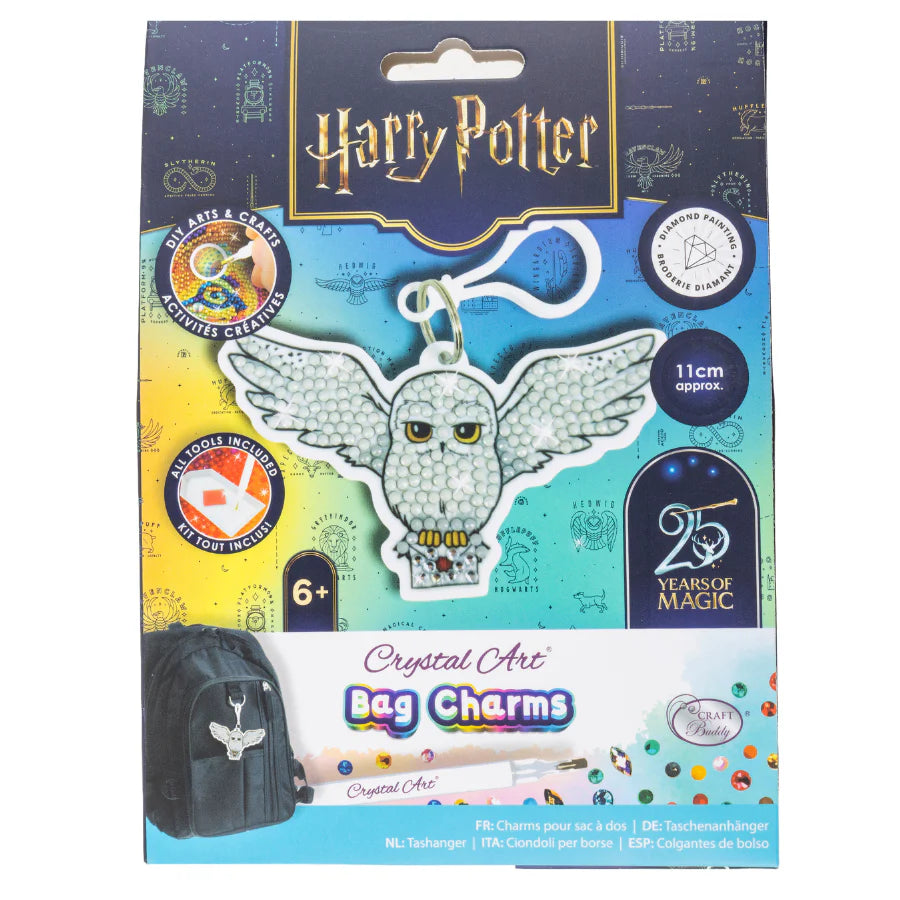 Crystal Art Bag Charm packaging featuring a Harry Potter owl design on a blue and purple background.