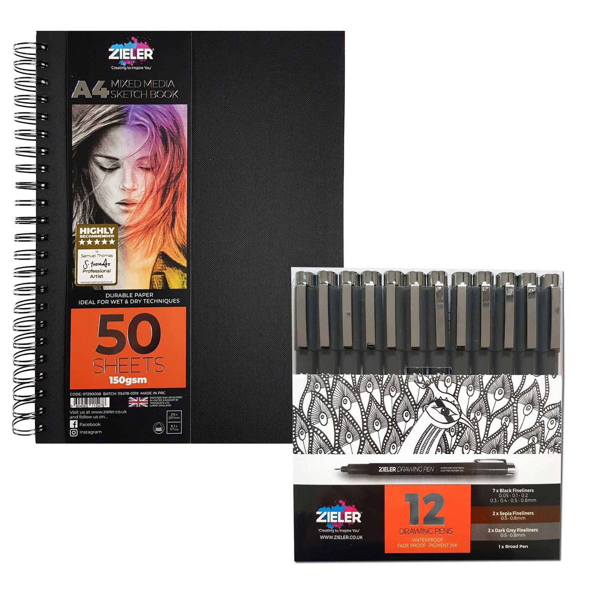 Zieler Fineliner Drawing Pens Starter Set - 12 Pens and A4 Sketchbook