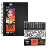 Zieler Fineliner Drawing Pens Starter Set - 12 Pens and A4 Sketchbook