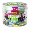 Jar of Slime Charmers 'Dumpster Dive' slime with colorful design and warning label.