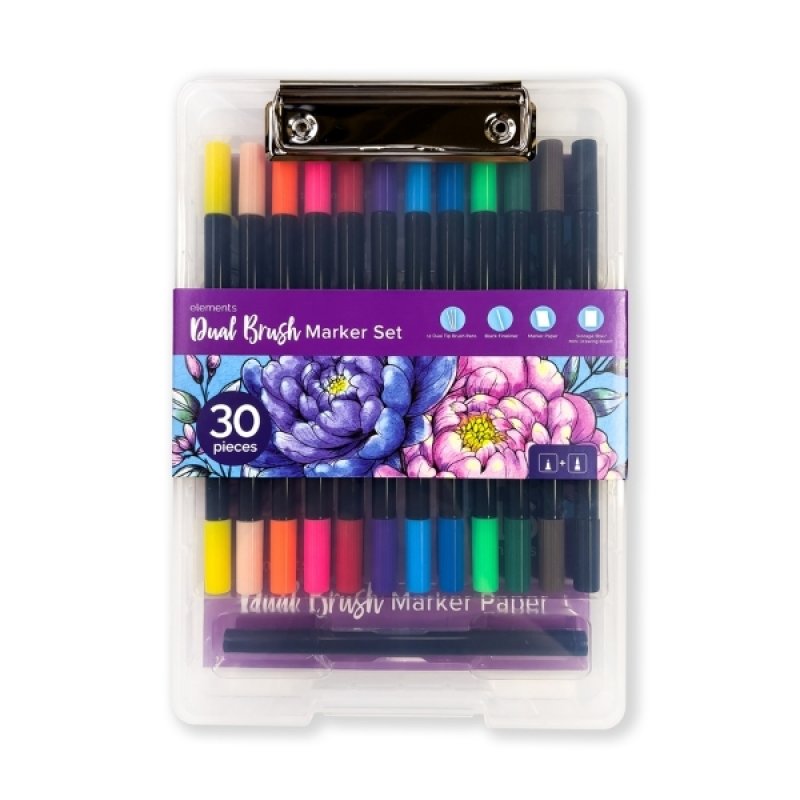 Elements Dual Brush Tip Markers Set (30 Pieces)