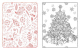 Two square panels showing Christmas-themed line art illustrations. The left panel has a red border and contains scattered festive doodles including ornaments, candy canes, stars, and gifts on a white background.